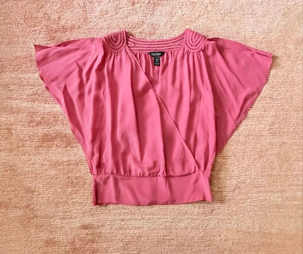 White House Black Market 100% Silk Wrap Blouse Pink Cutout Shoulder Top S